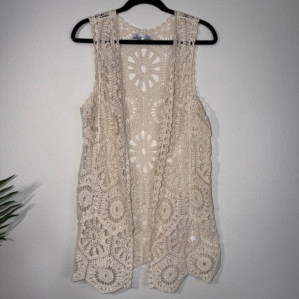 American Flirt Crochet Vest Boho Scalloped Cream Floral Cotton Size S y2k